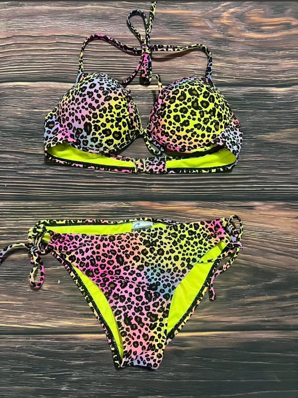 California Waves Neon Leopard Print Bikini Top in Yellow, Pink, Purple